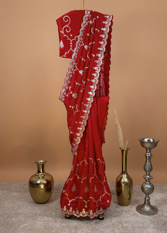Red Handloom Silk Saree With Bandhani And Gota Patti Work