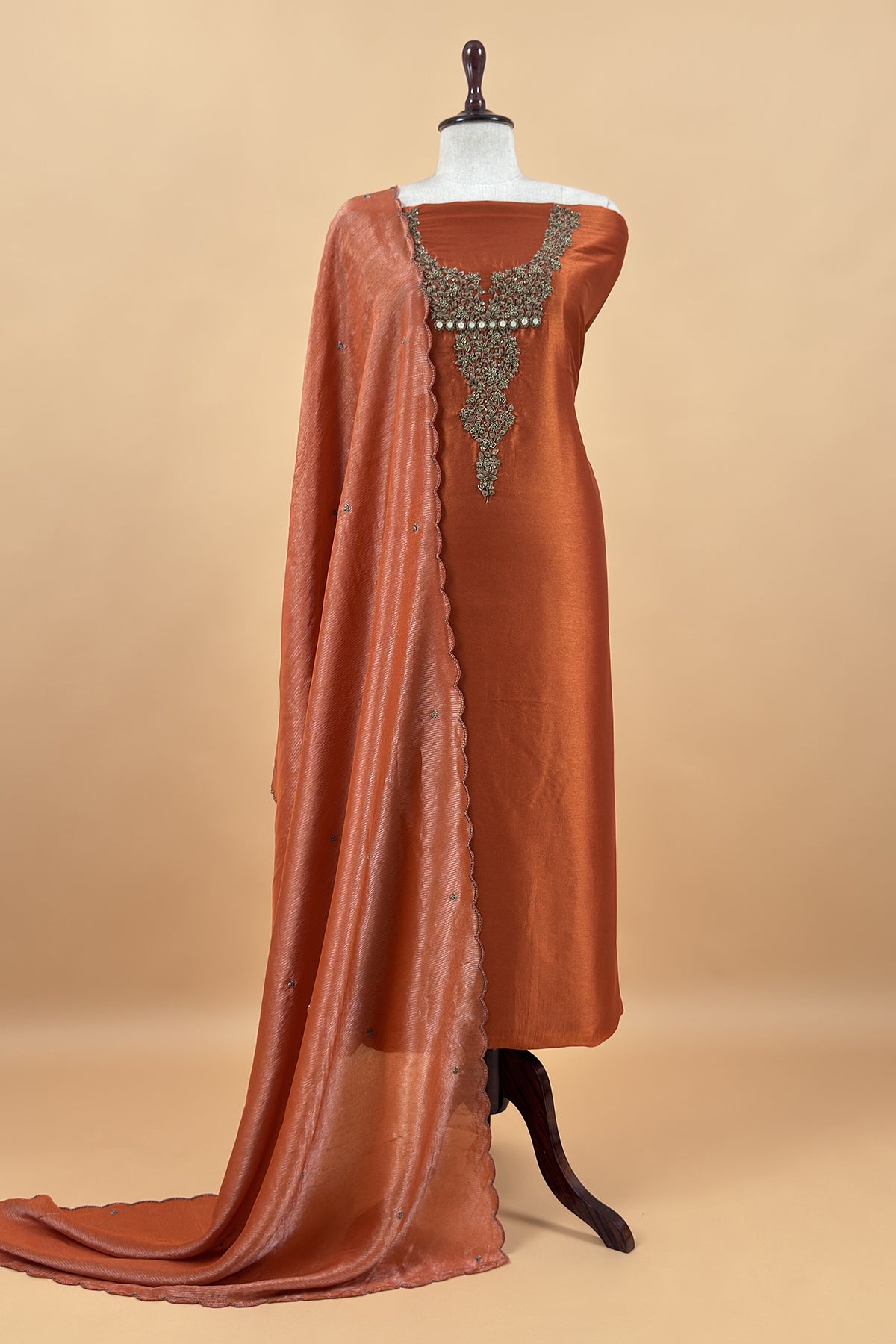 Orange Tissue Silk Unstitched Suit With Zardosi And Jadau Navratna Handwork