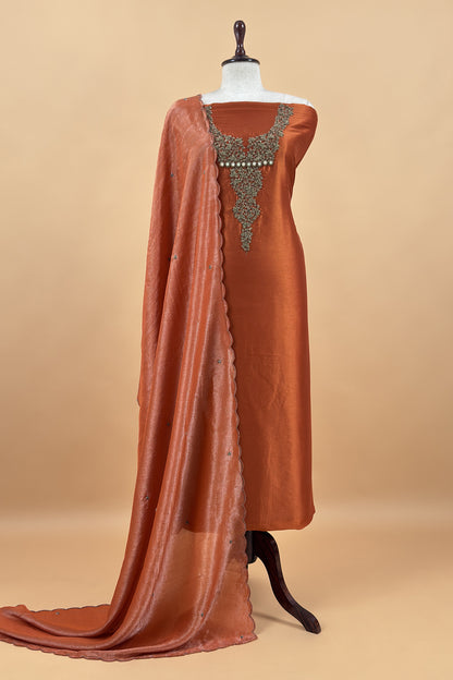 Orange Tissue Silk Unstitched Suit With Zardosi And Jadau Navratna Handwork