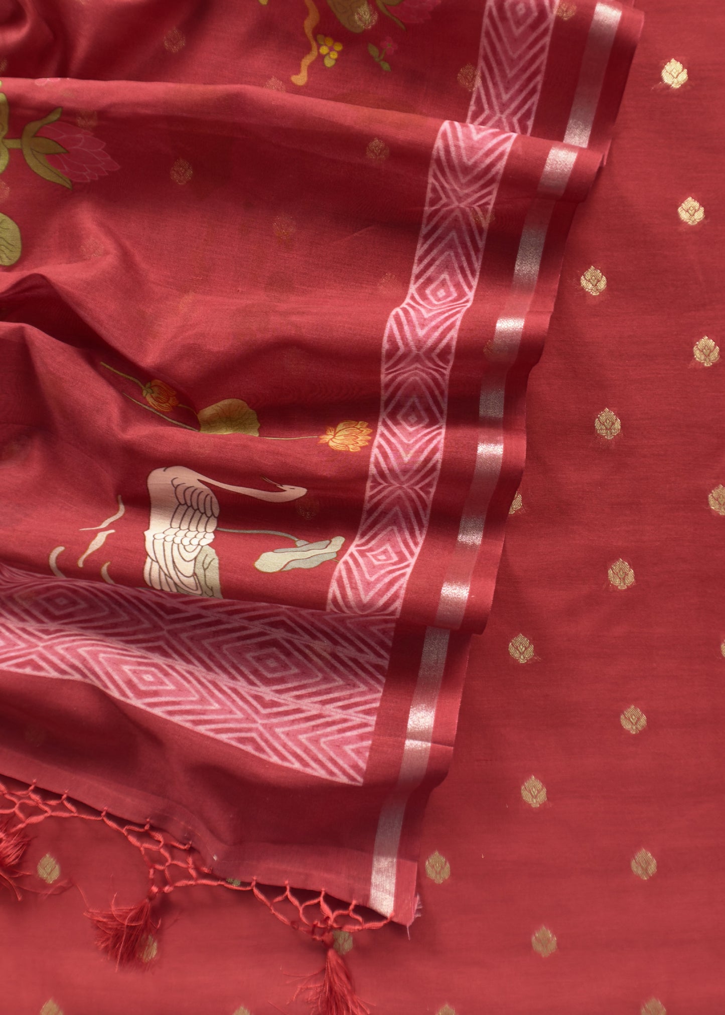 Red Pure Unstitched Handloom Banarasi Chanderi Suit Brushprint Dupatta