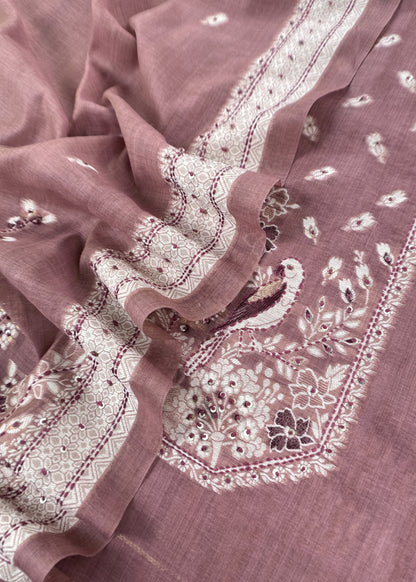 Pink Chanderi Linen Suit With Jamdani Weaving