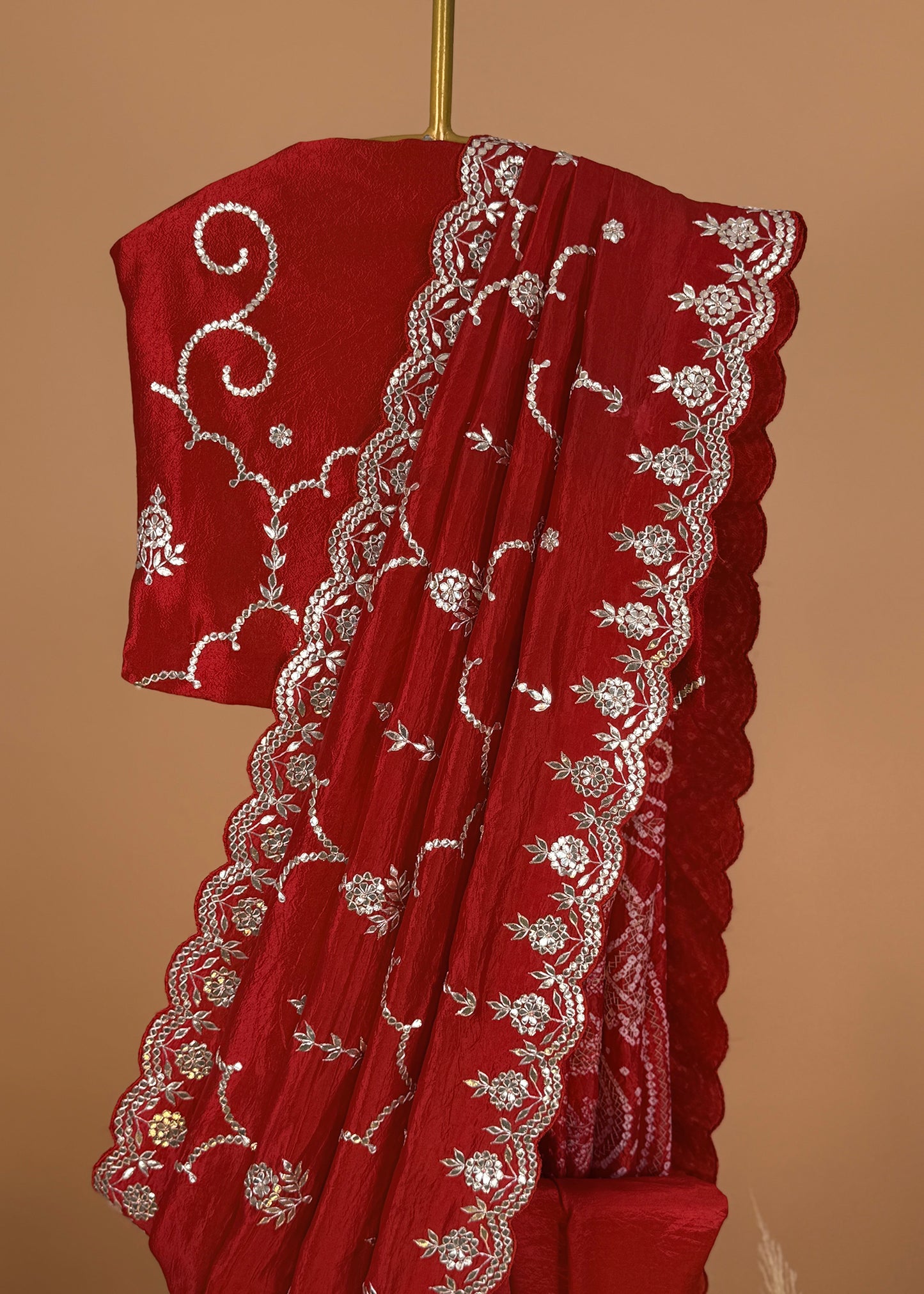 Red Handloom Silk Saree With Bandhani And Gota Patti Work
