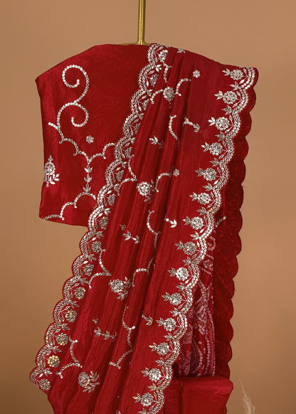 Red Handloom Silk Saree With Bandhani And Gota Patti Work