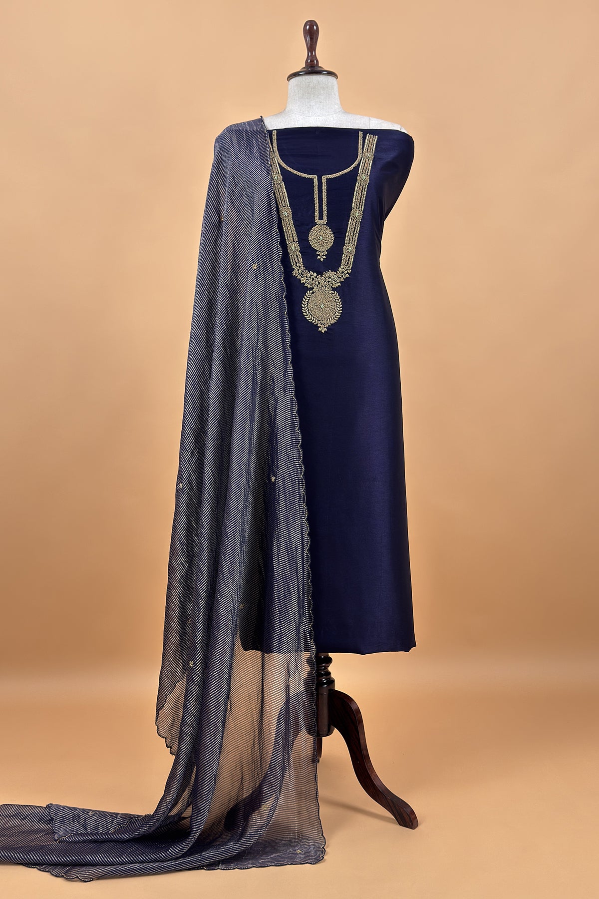 Navy Blue Pure Silk Suit With Tissue Silk Dupatta