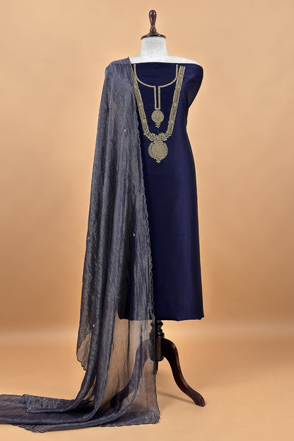 Navy Blue Pure Silk Suit With Tissue Silk Dupatta