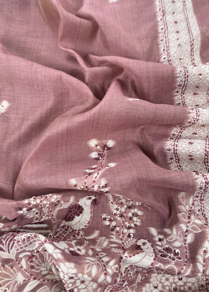 Pink Chanderi Linen Suit With Jamdani Weaving
