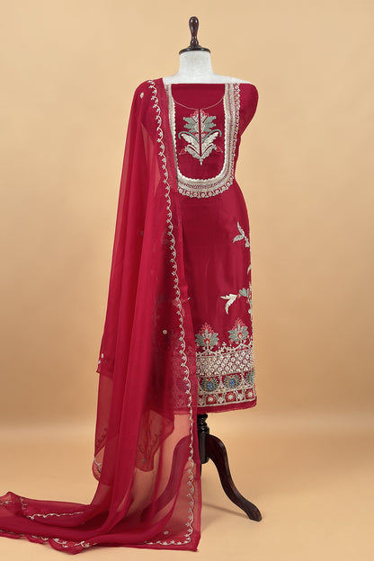 Red Handloom Kora silk Unstitched Suit With Dori, Dabka, Resham and Gota Patti Hand Work