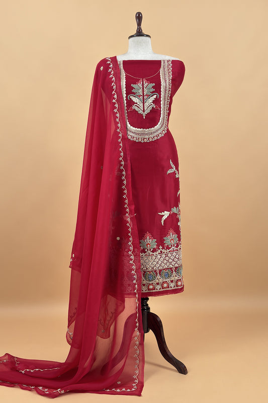 Red Handloom Kora silk Unstitched Suit With Dori, Dabka, Resham and Gota Patti Hand Work
