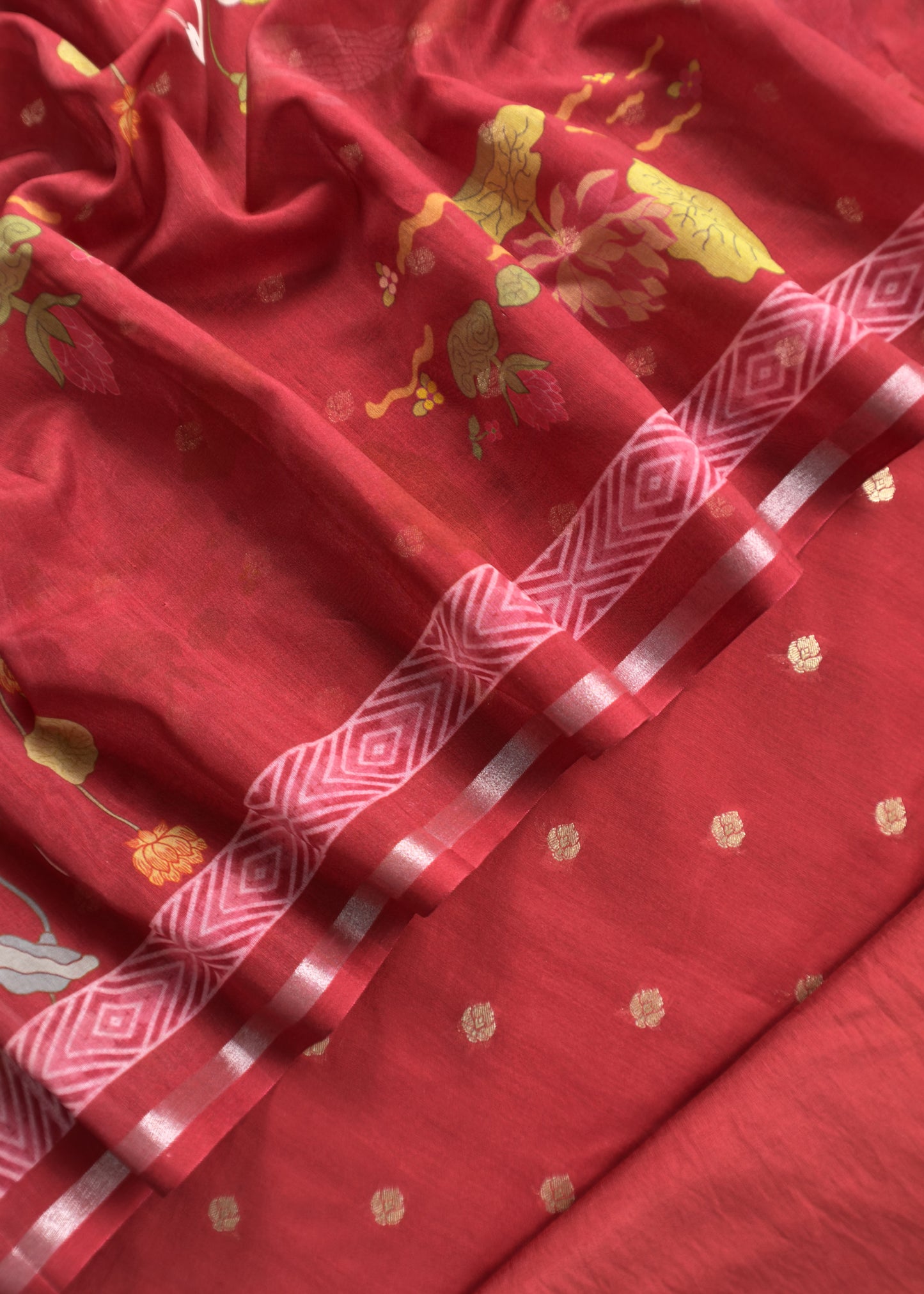 Red Pure Unstitched Handloom Banarasi Chanderi Suit Brushprint Dupatta