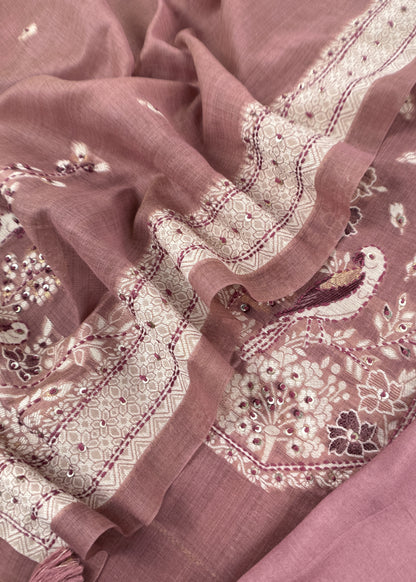 Pink Chanderi Linen Suit With Jamdani Weaving