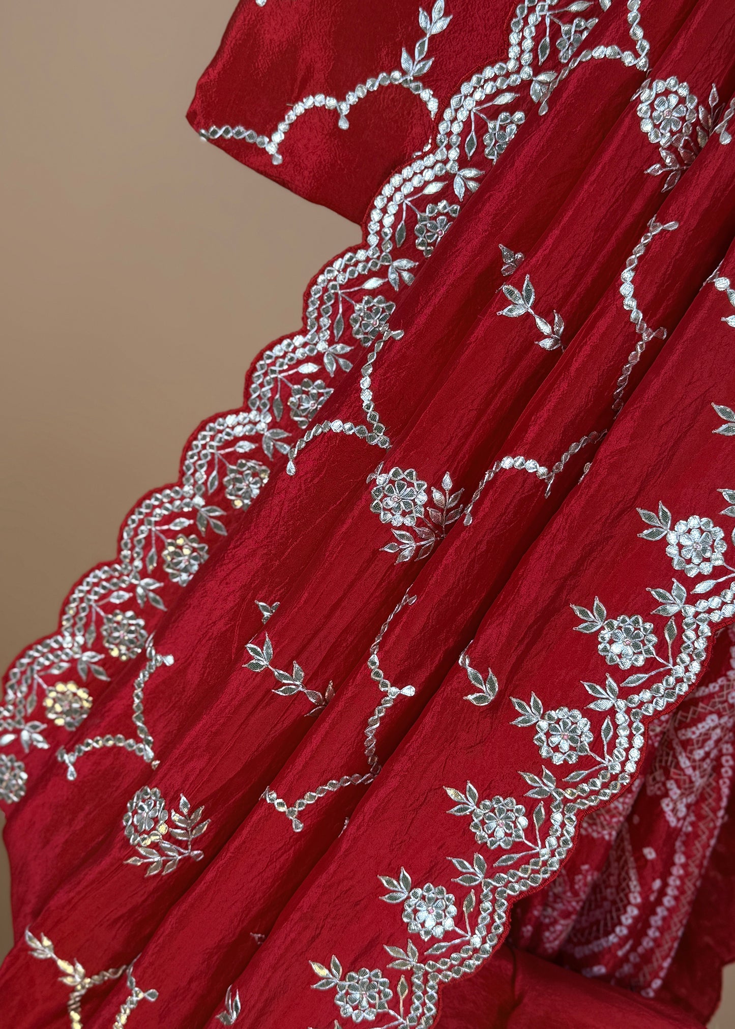 Red Handloom Silk Saree With Bandhani And Gota Patti Work