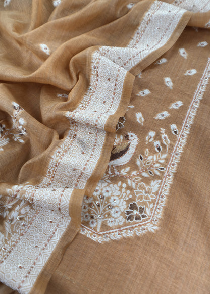 Mustard Chanderi Linen Suit With Jamdani Weaving