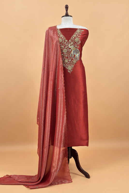 Rust Pure Silk Suit With Tissue Silk Dupatta