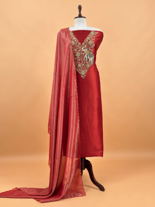 Rust Pure Silk Suit With Tissue Silk Dupatta