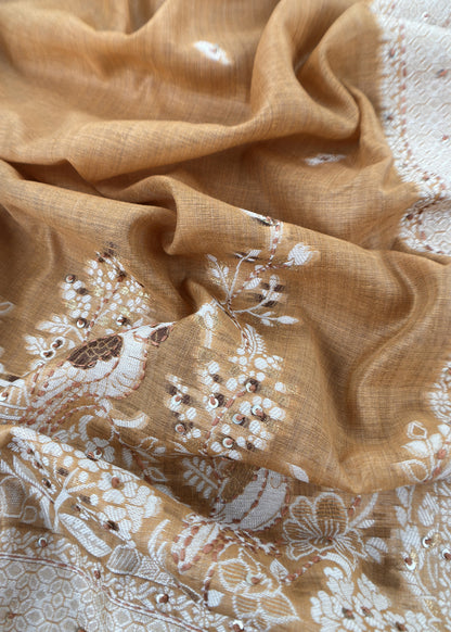 Mustard Chanderi Linen Suit With Jamdani Weaving