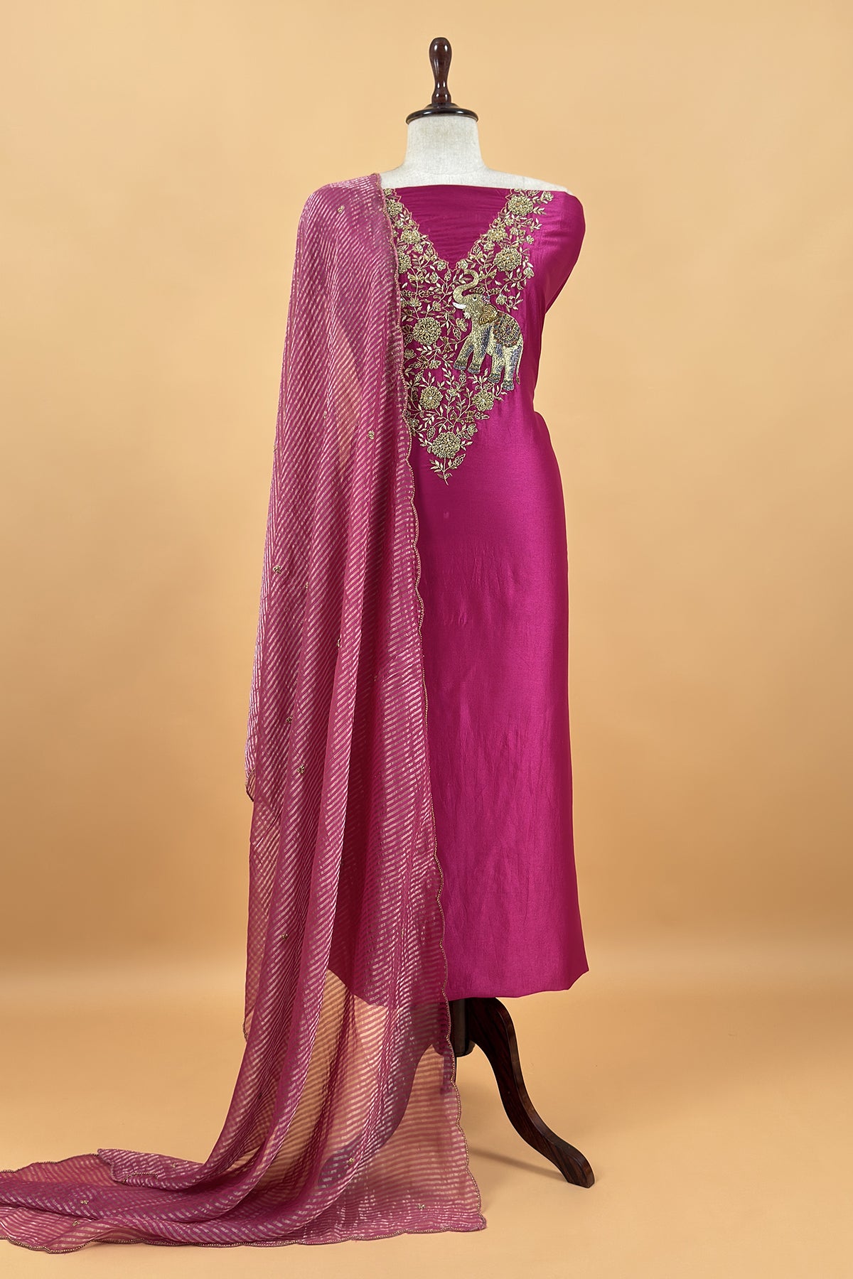 Rani Pink Pure Silk Suit With Tissue Silk Dupatta