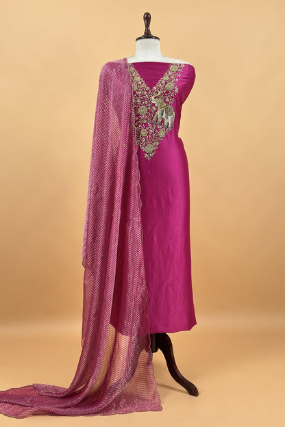 Rani Pink Pure Silk Suit With Tissue Silk Dupatta