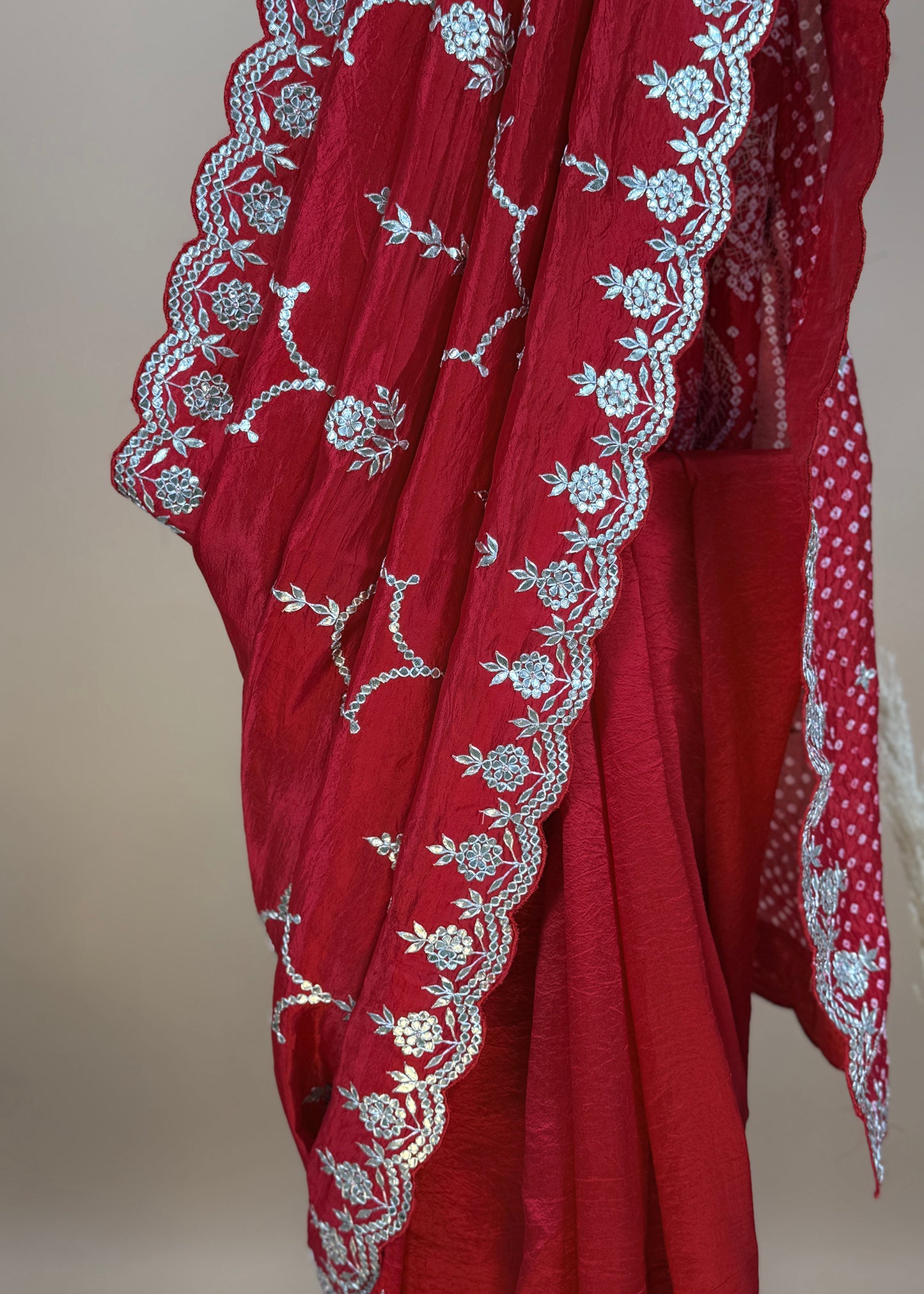 Red Handloom Silk Saree With Bandhani And Gota Patti Work