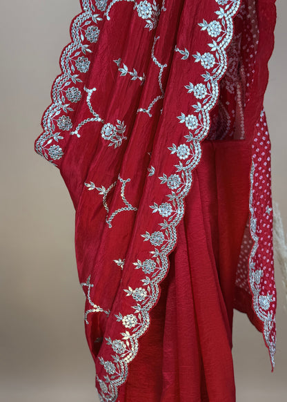 Red Handloom Silk Saree With Bandhani And Gota Patti Work