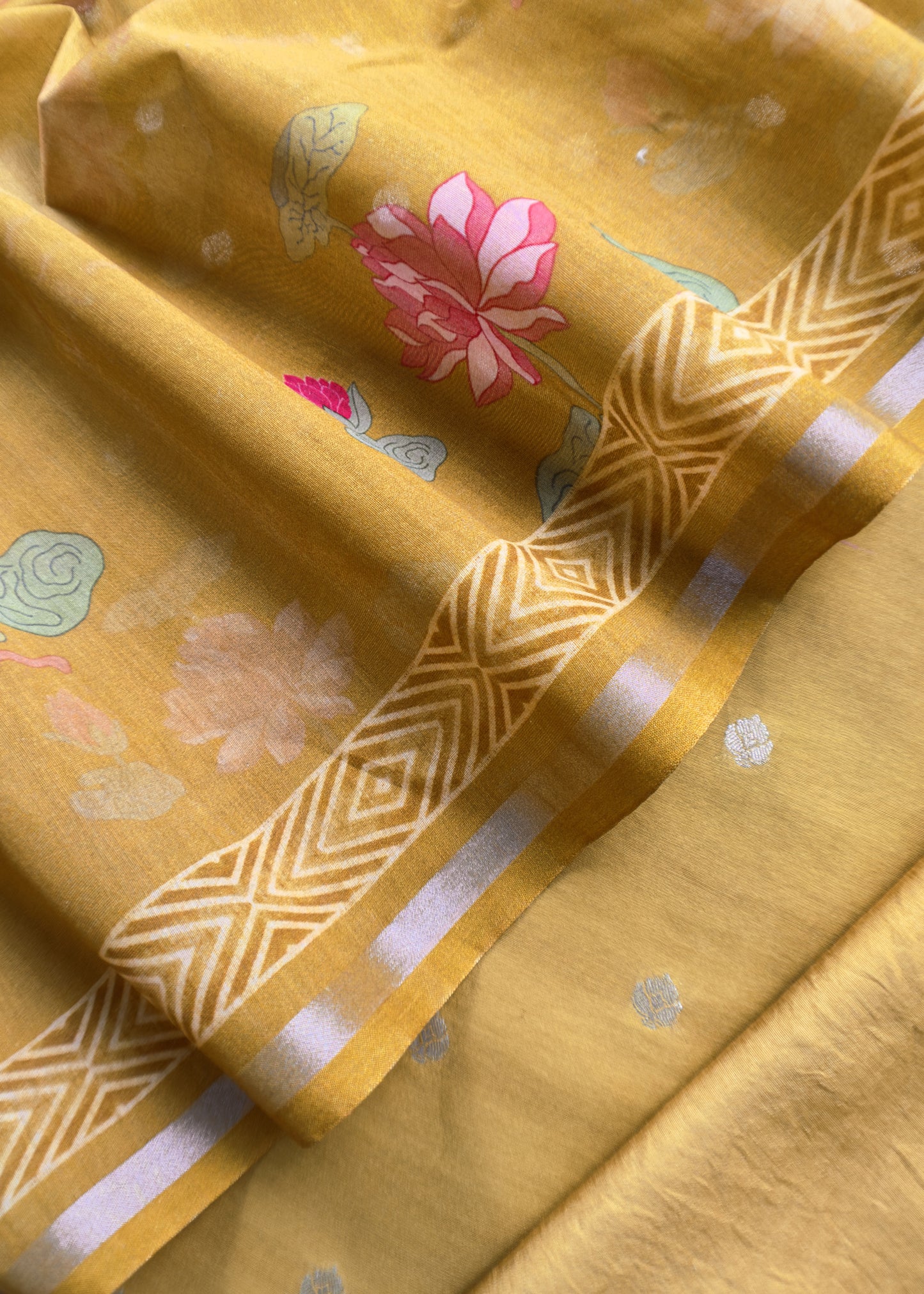 Yellow Pure Unstitched Handloom Banarasi Chanderi Suit Brushprint Dupatta