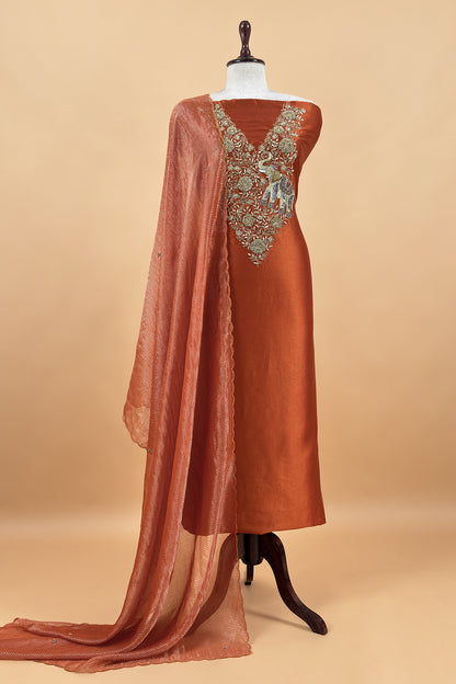 Rust Orange Pure Silk Suit With Tissue Silk Dupatta