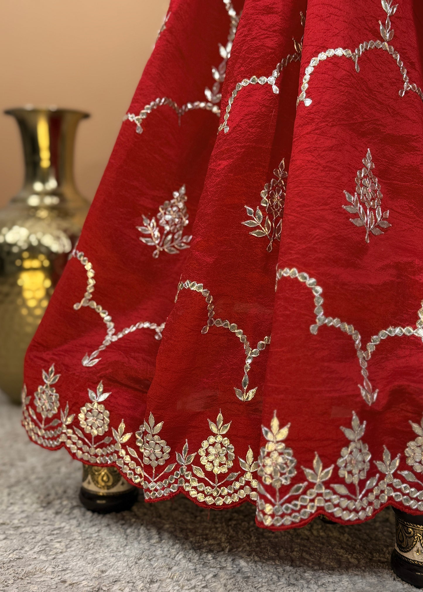 Red Handloom Silk Saree With Bandhani And Gota Patti Work