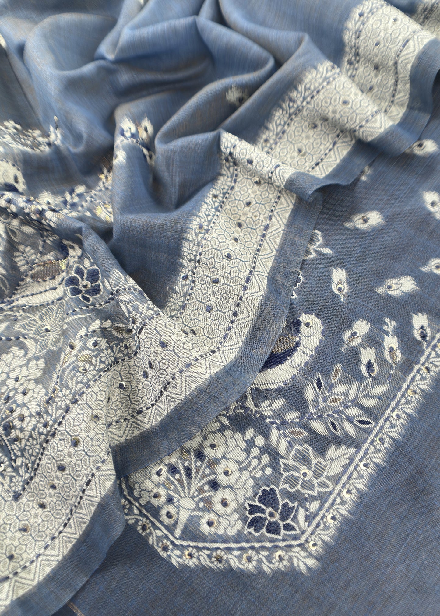Blue Chanderi Linen Suit With Jamdani Weaving
