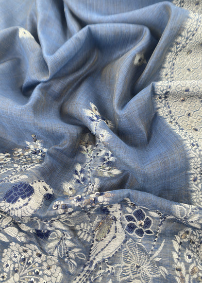 Blue Chanderi Linen Suit With Jamdani Weaving