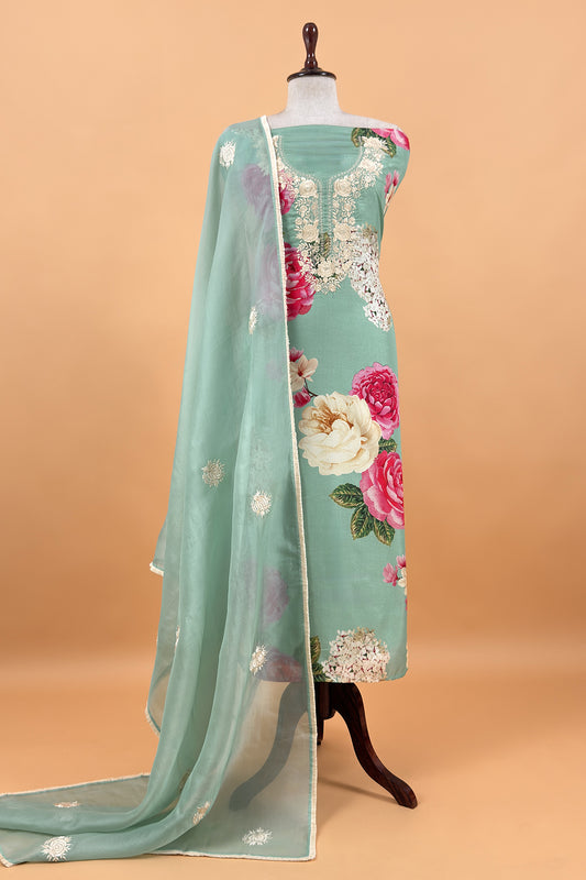 Festive wear silk suit with organza silk dupatta

