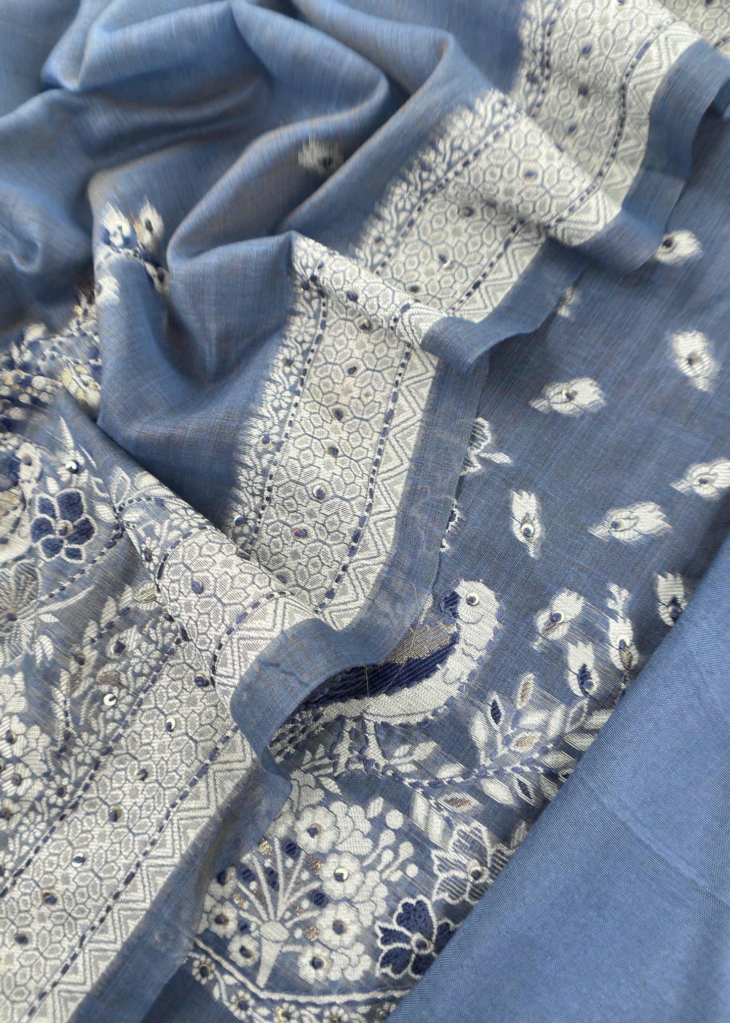 Blue Chanderi Linen Suit With Jamdani Weaving