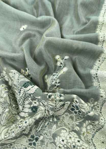 Green Chanderi Linen Suit With Jamdani Weaving