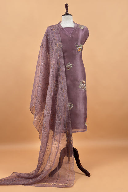 Purple Handloom Kora Silk Suit With Dabka Embroidery