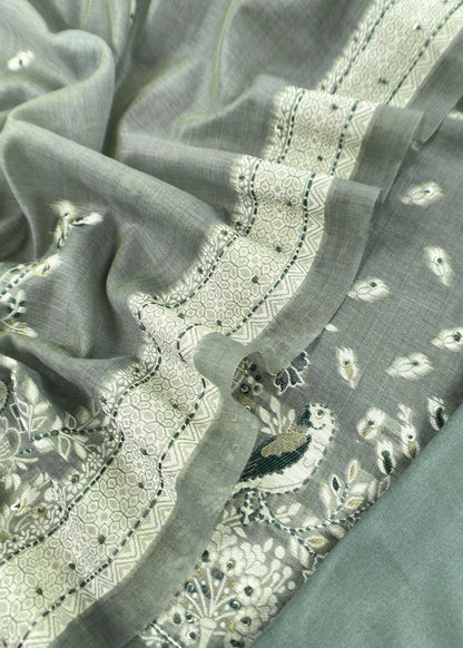 Green Chanderi Linen Suit With Jamdani Weaving