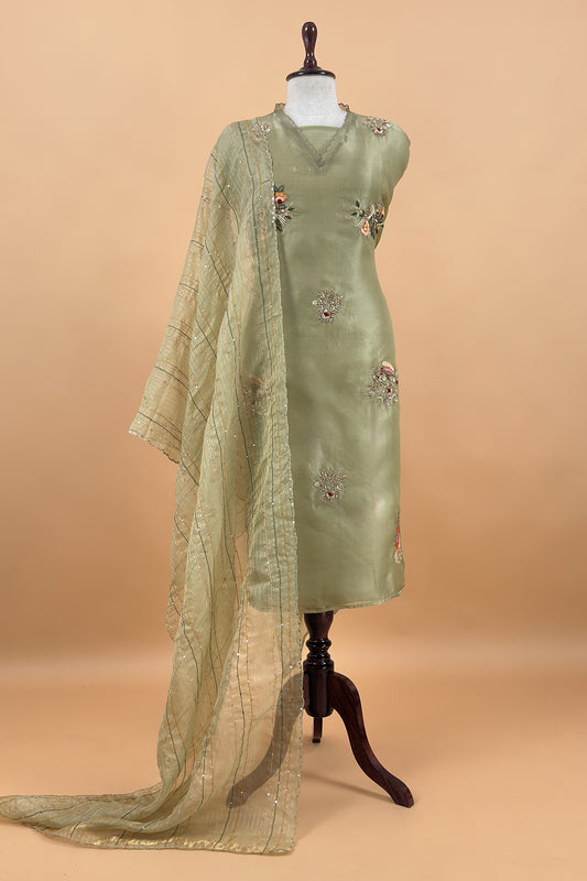 Pista Green Handloom Kora Silk Suit With Dabka Embroidery
