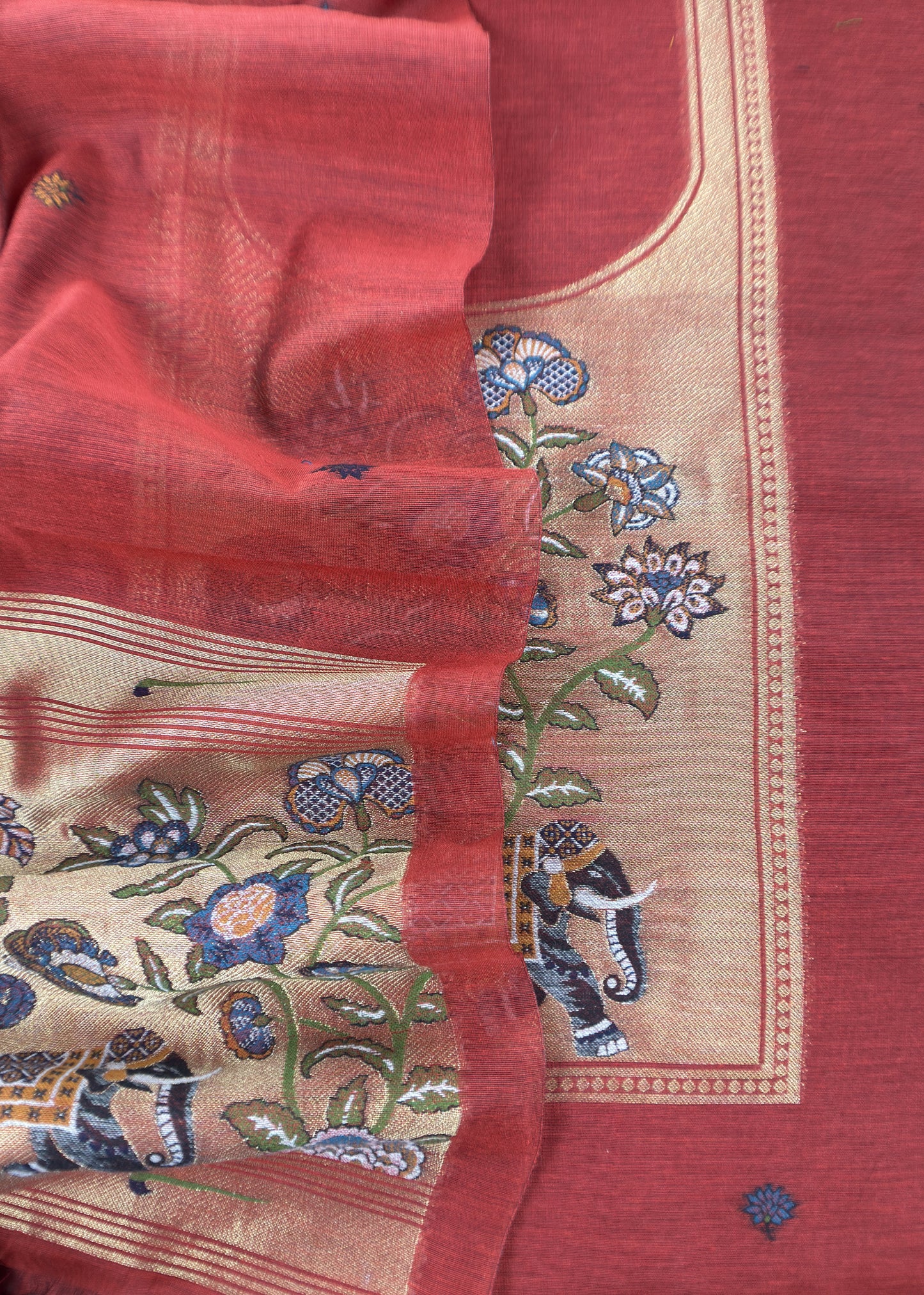 Rust Jamdani Woven Unstitched Suit With Paithani Work
