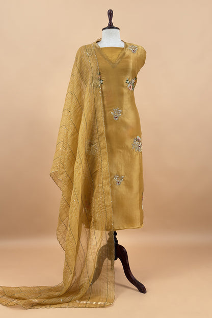 Yellow Handloom Kora Silk Suit With Dabka Embroidery