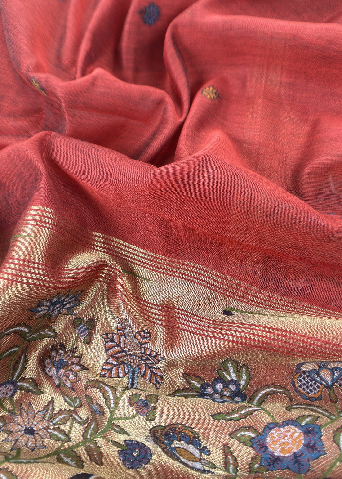 Rust Jamdani Woven Unstitched Suit With Paithani Work