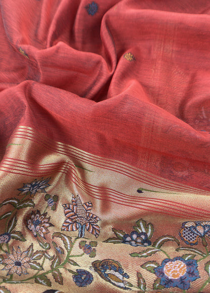 Rust Jamdani Woven Unstitched Suit With Paithani Work