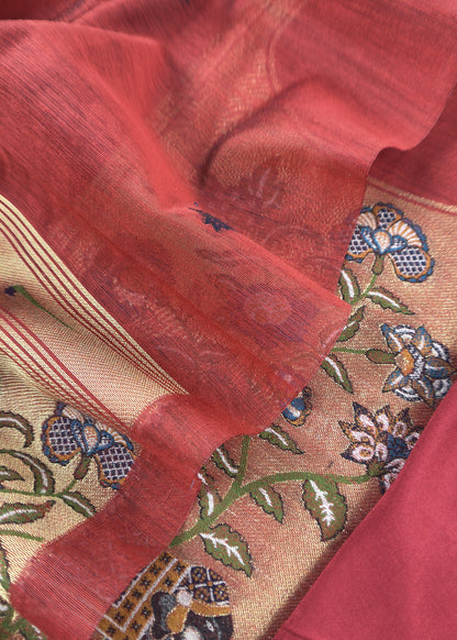Rust Jamdani Woven Unstitched Suit With Paithani Work