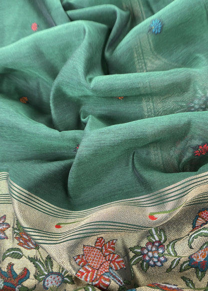 Green Jamdani Woven Unstitched Suit With Paithani Work