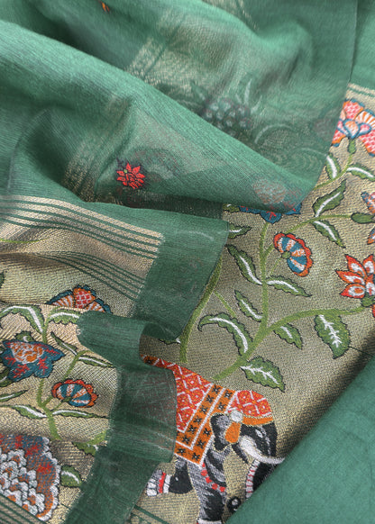 Green Jamdani Woven Unstitched Suit With Paithani Work