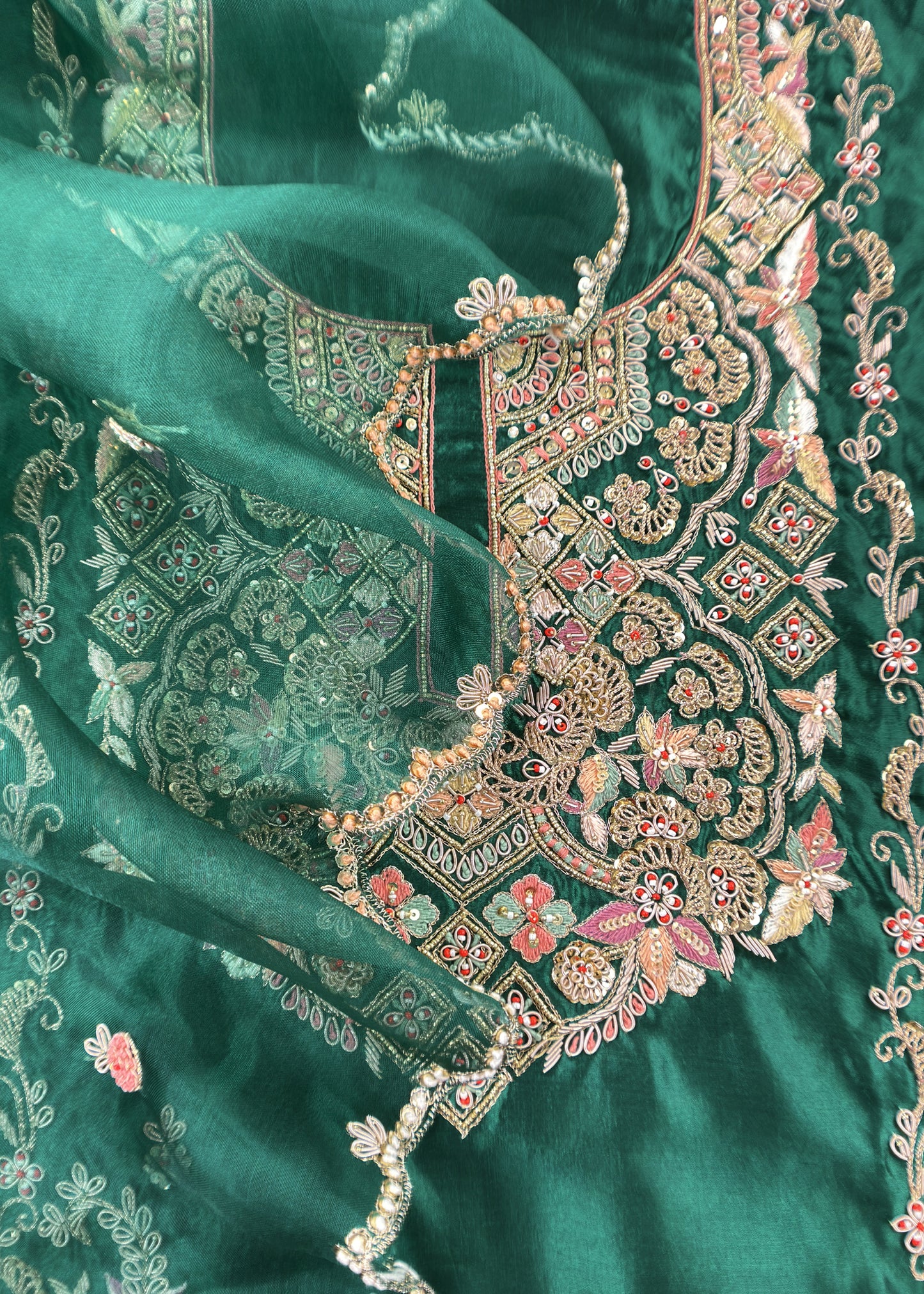 Bottle Green Handloom Silk Suit With Zardosi Embroidery