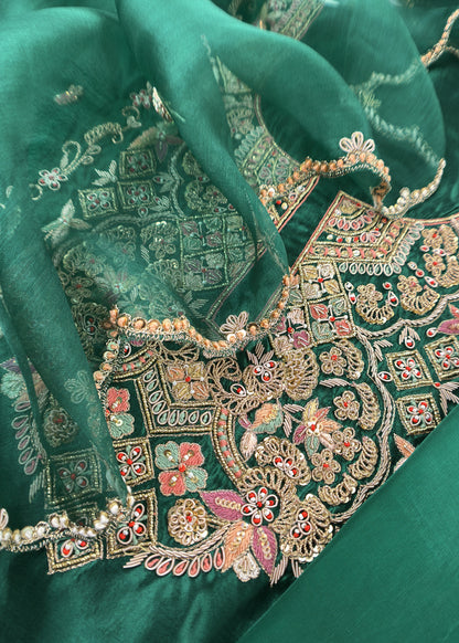 Bottle Green Handloom Silk Suit With Zardosi Embroidery