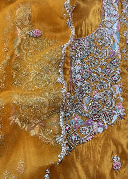 Yellow Handloom Silk Suit With Zardosi Embroidery