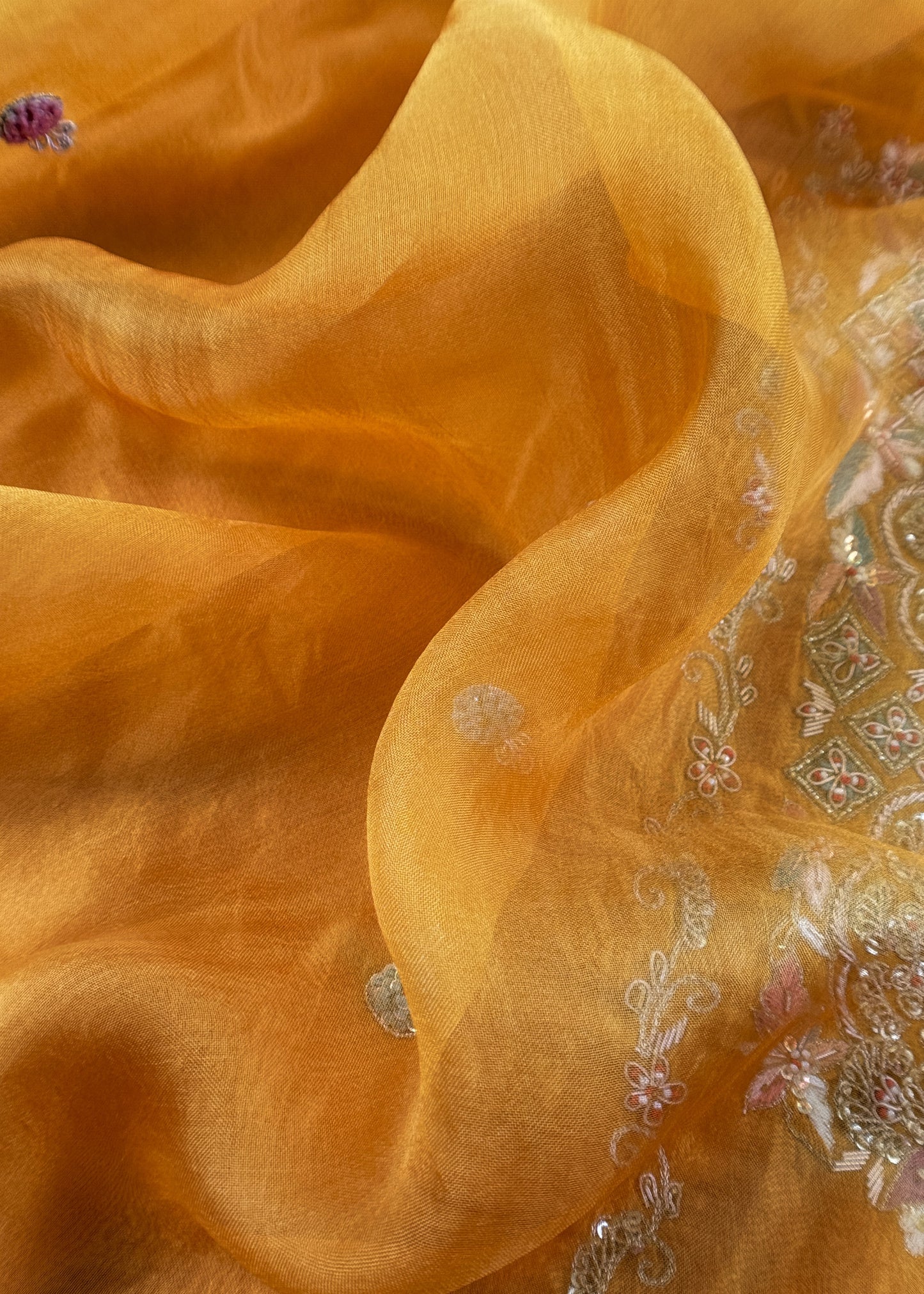 Yellow Handloom Silk Suit With Zardosi Embroidery