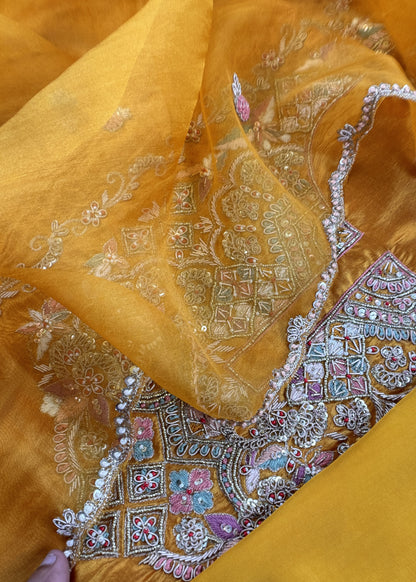 Yellow Handloom Silk Suit With Zardosi Embroidery