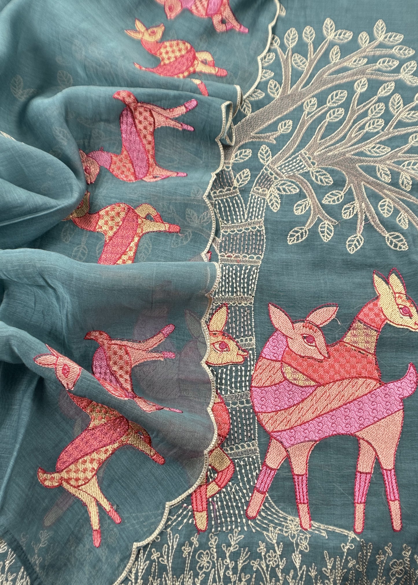 Green Pure Mulmul Unstitched Fabric With Warli Art Appliqué Work