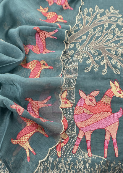 Green Pure Mulmul Unstitched Fabric With Warli Art Appliqué Work