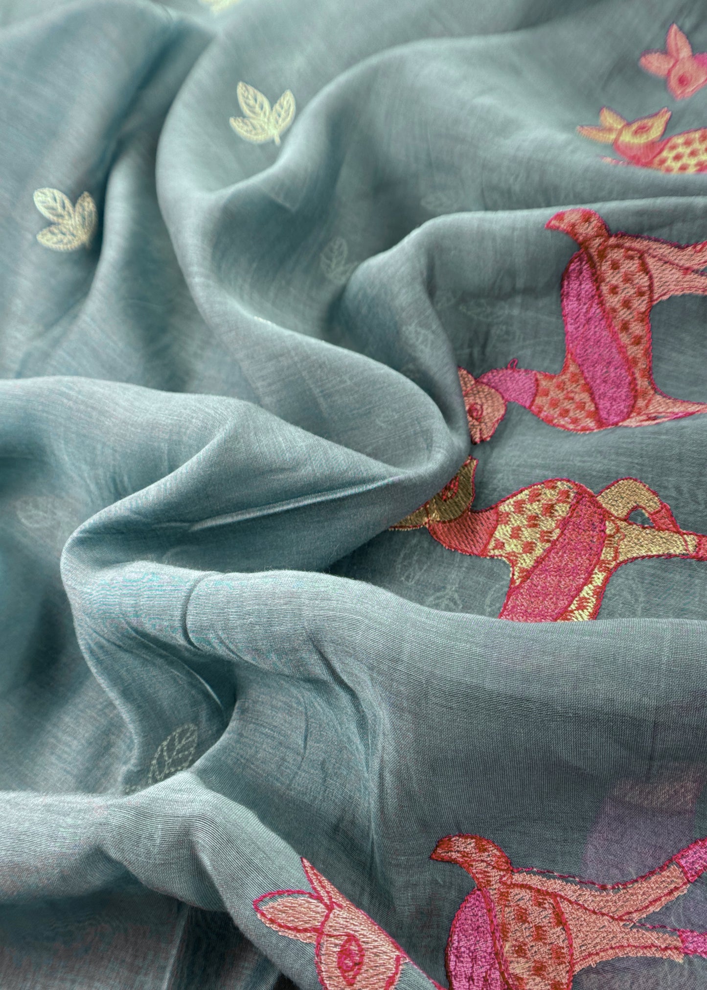 Green Pure Mulmul Unstitched Fabric With Warli Art Appliqué Work