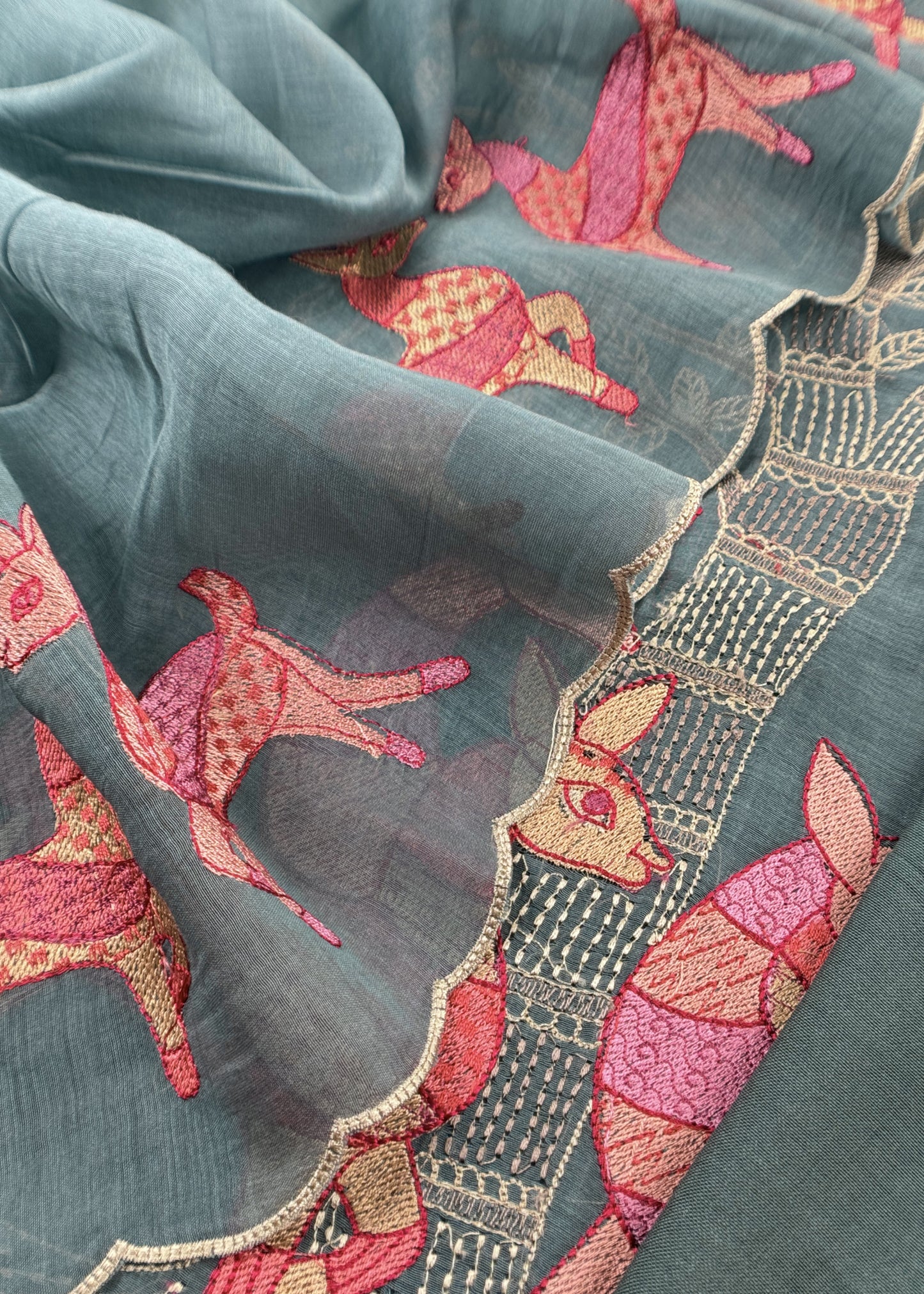 Green Pure Mulmul Unstitched Fabric With Warli Art Appliqué Work